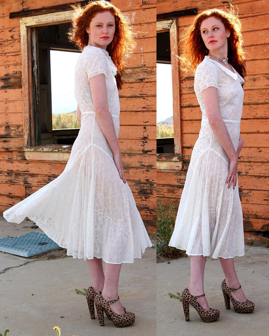 30s White Eyelet Lace Wedding Dress, Flapper Wedding Dress