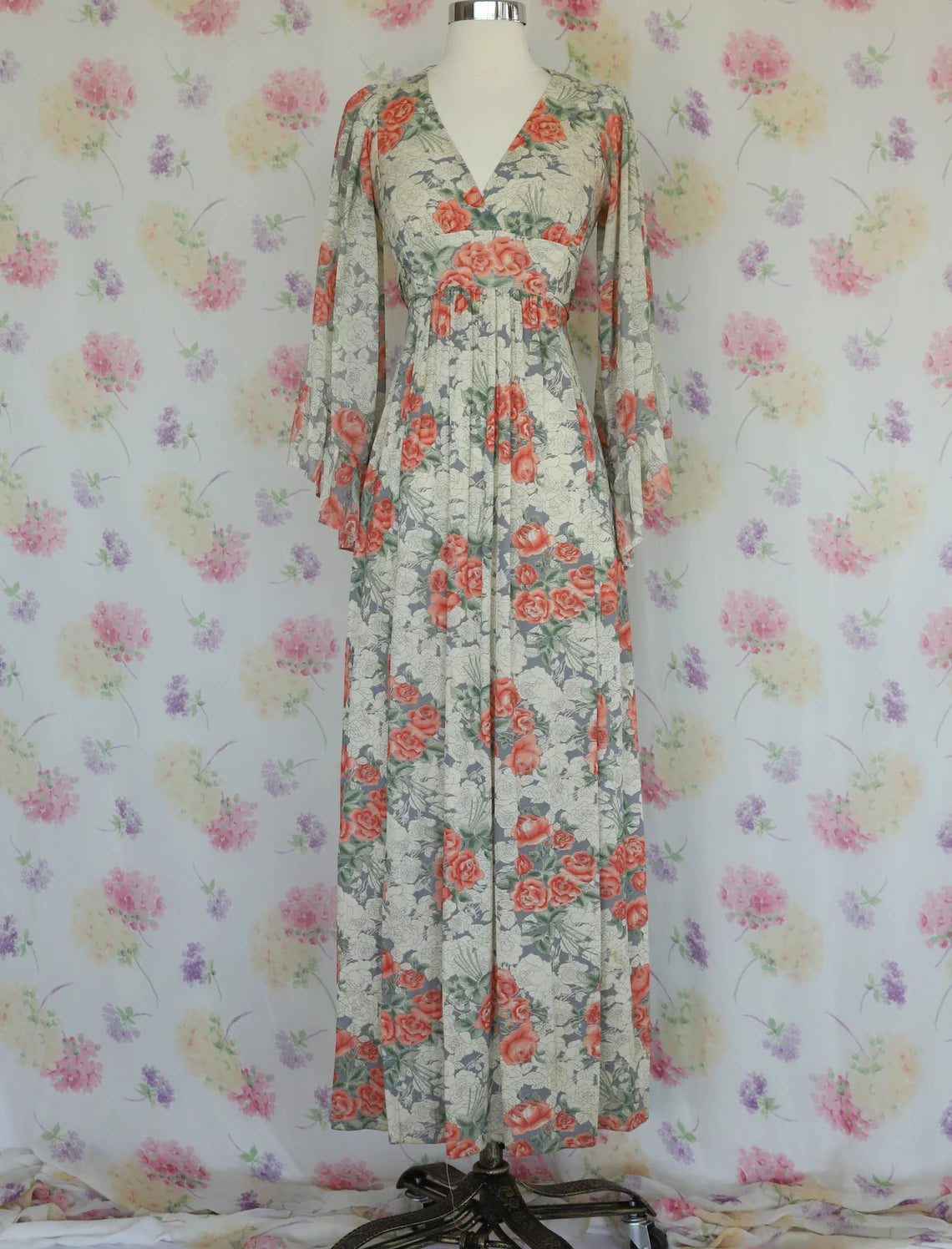 70s Floral Bell Sleeve Angel Wing Maxi Dress