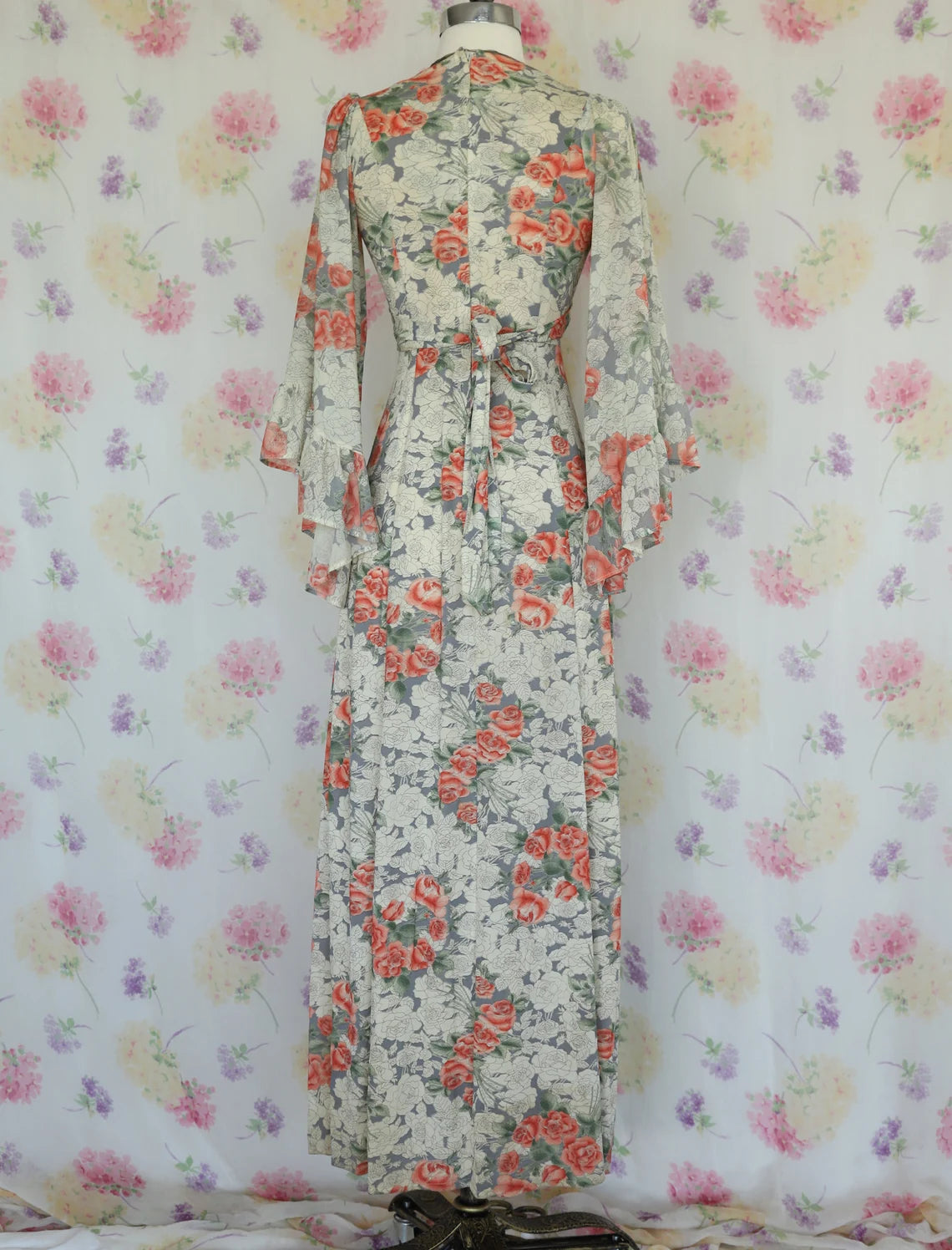 70s Floral Bell Sleeve Angel Wing Maxi Dress