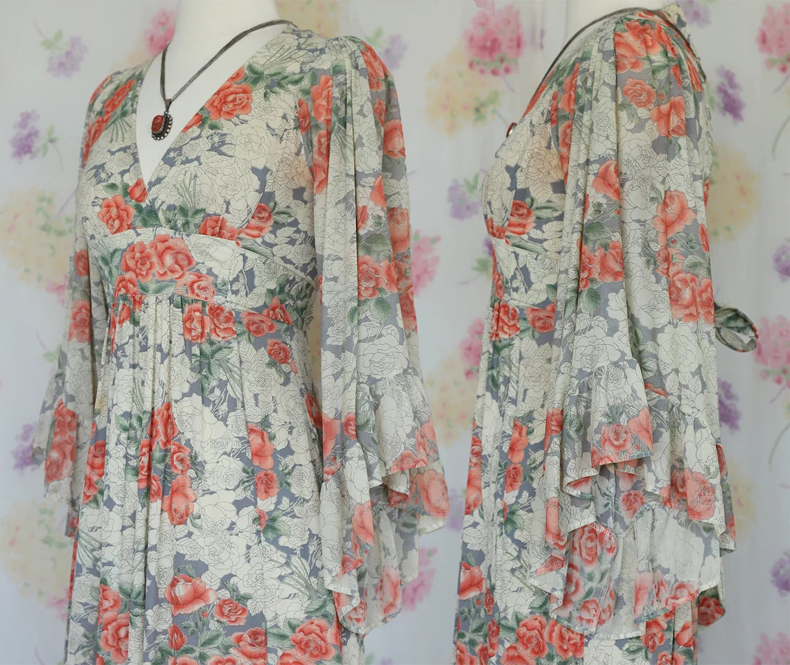 70s Floral Bell Sleeve Angel Wing Maxi Dress