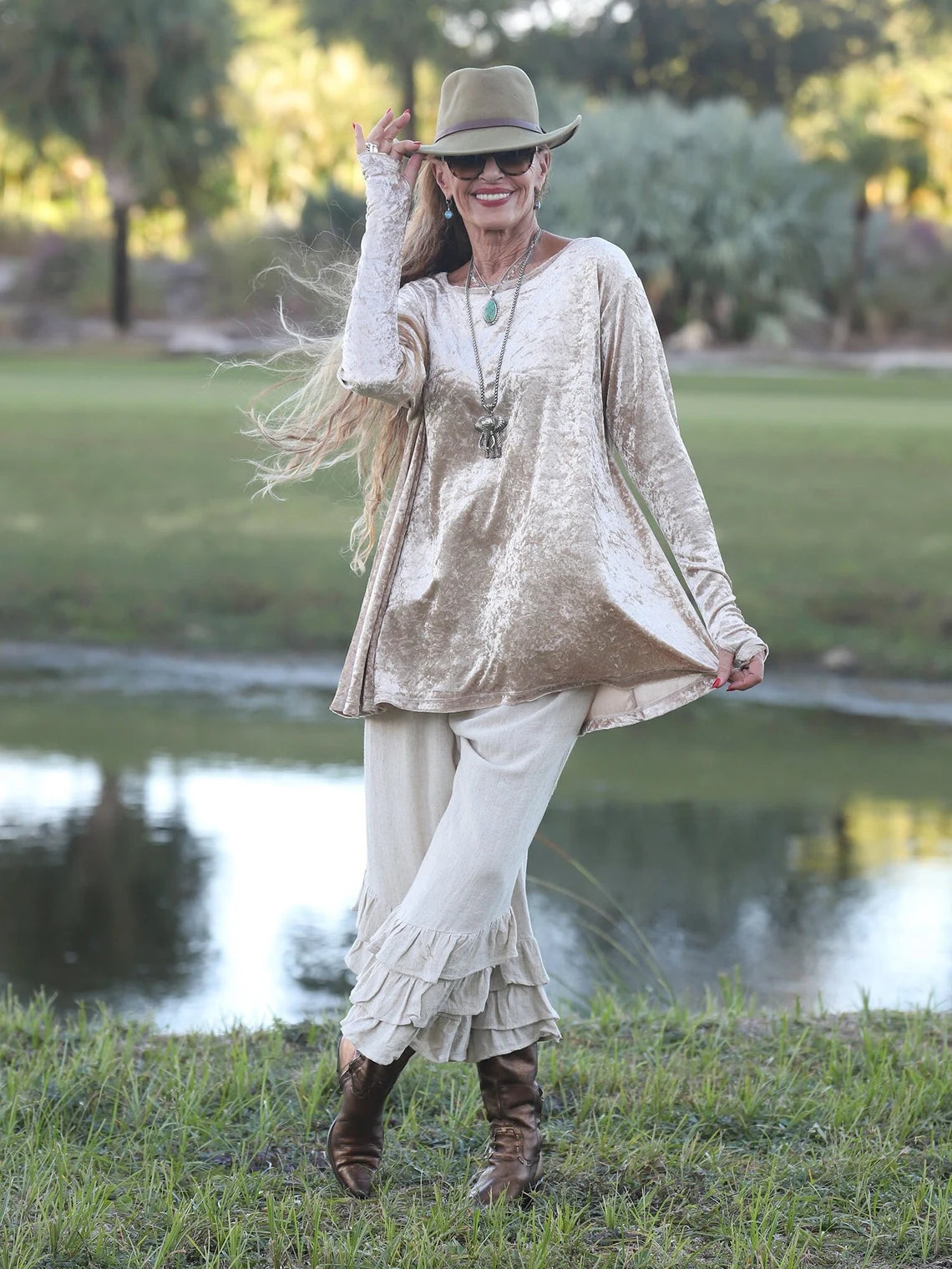 Beige Crushed Stretch Velvet Flare Top