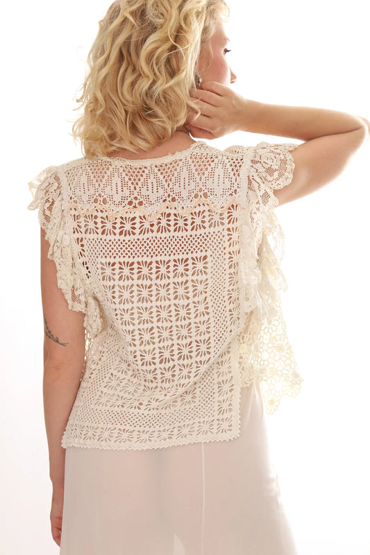 40s Ivory Crochet Lace Flutter Sleeve Bed Jacket