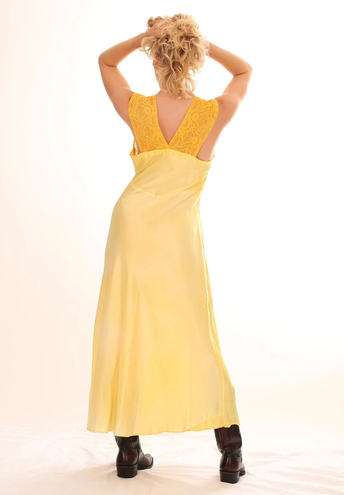 40s Silk Empire Waist Golden Yellow Lace Slip Dress