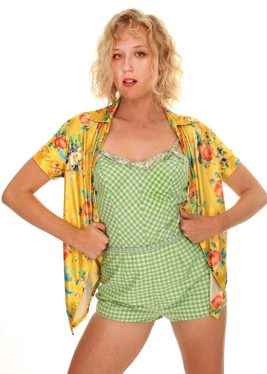 60s Yellow Floral Shimmery Blouse