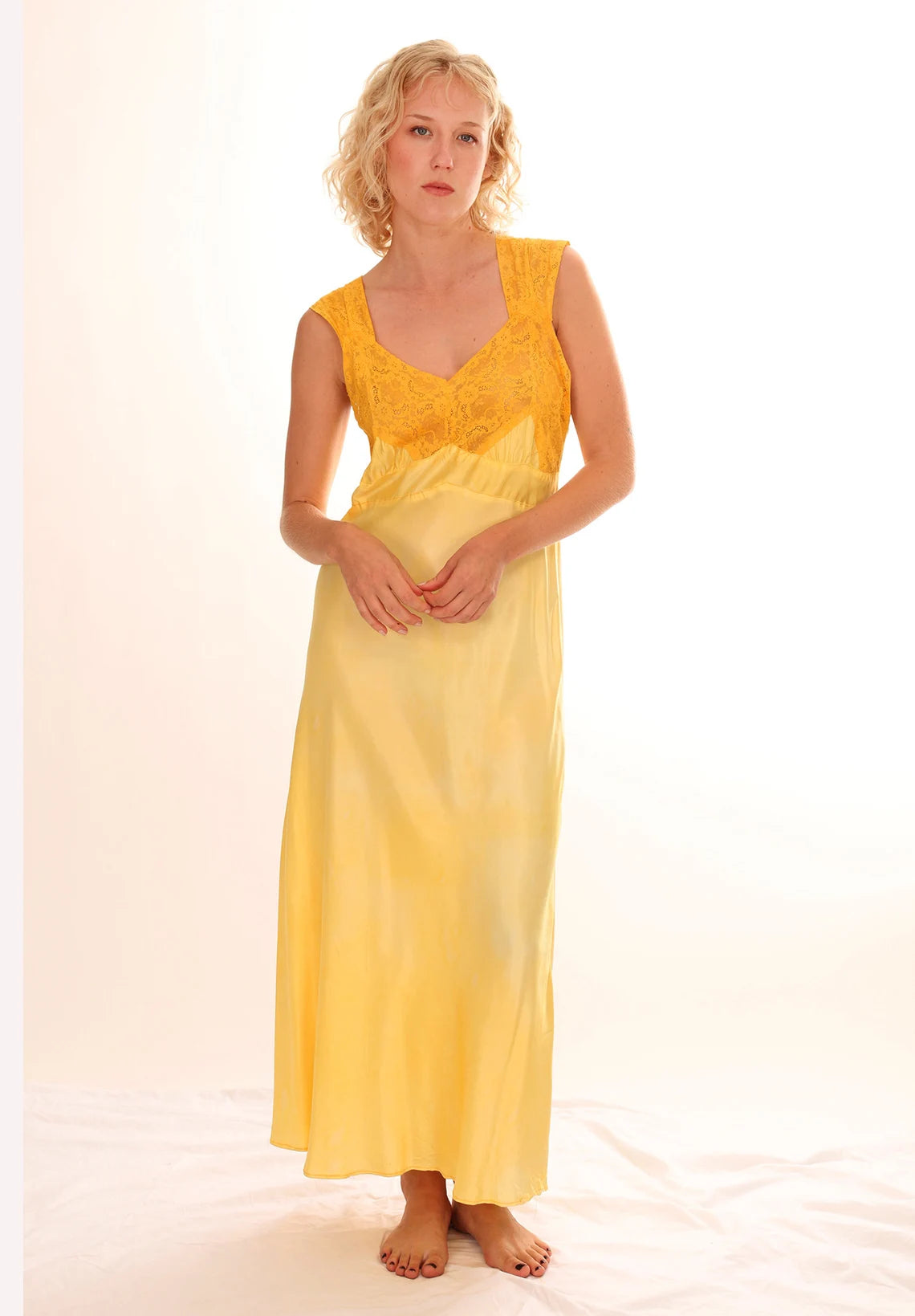 40s Silk Empire Waist Golden Yellow Lace Slip Dress