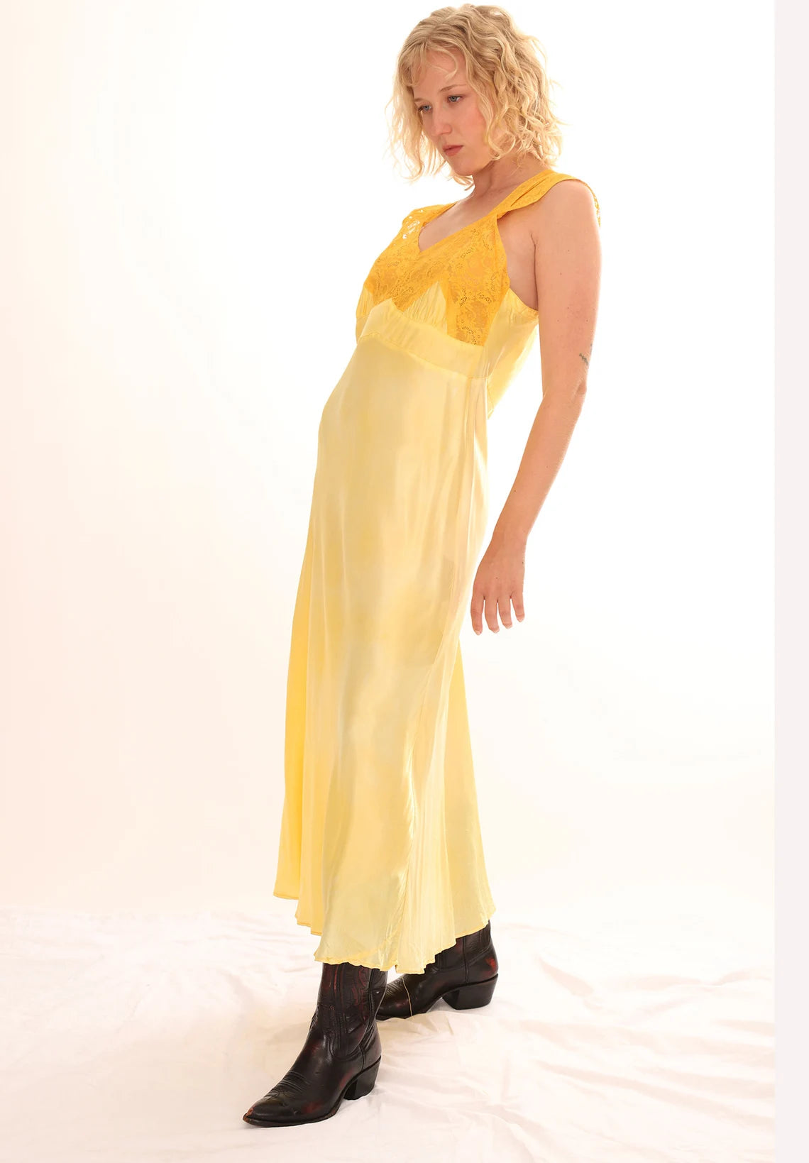 40s Silk Empire Waist Golden Yellow Lace Slip Dress