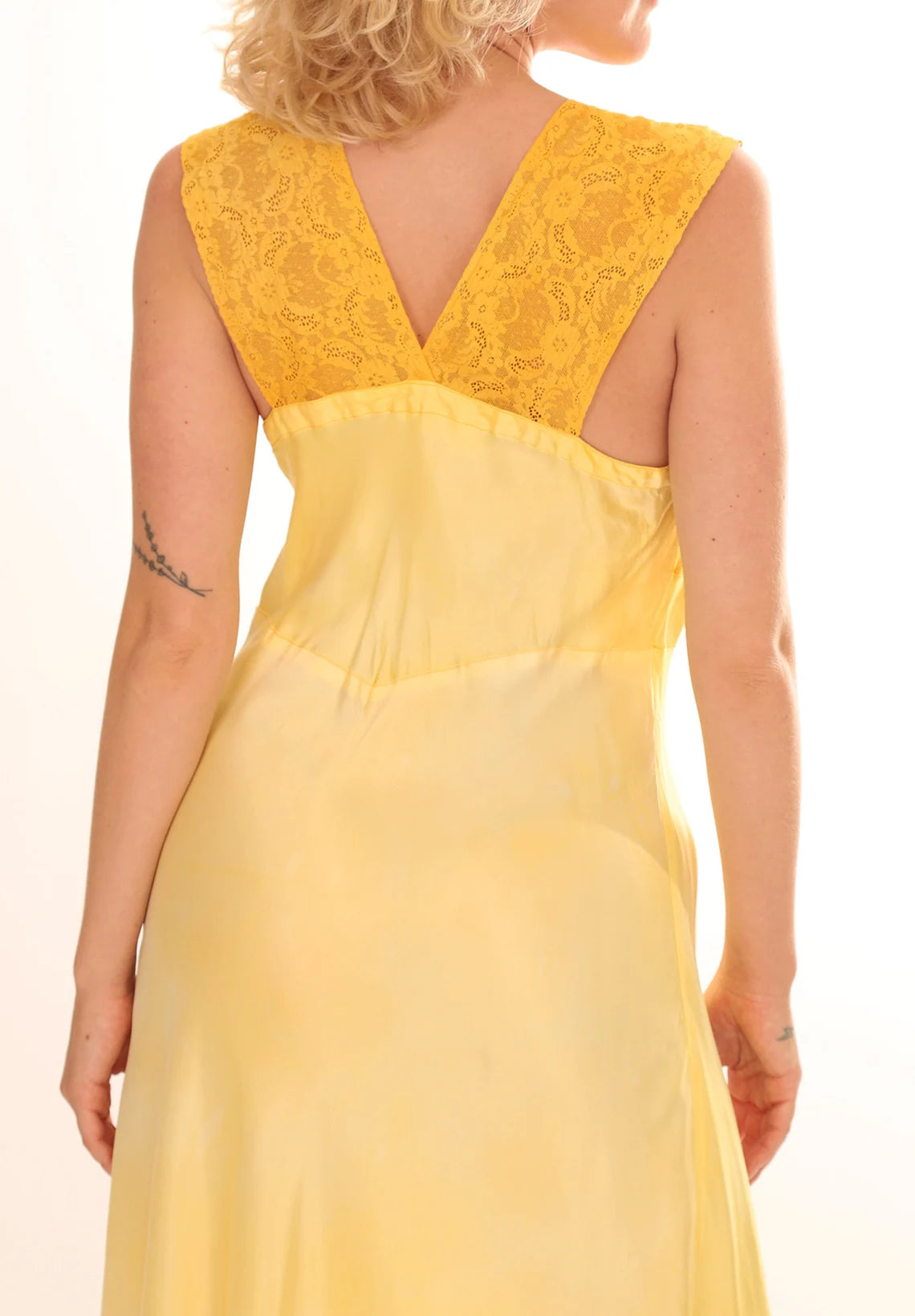 40s Silk Empire Waist Golden Yellow Lace Slip Dress