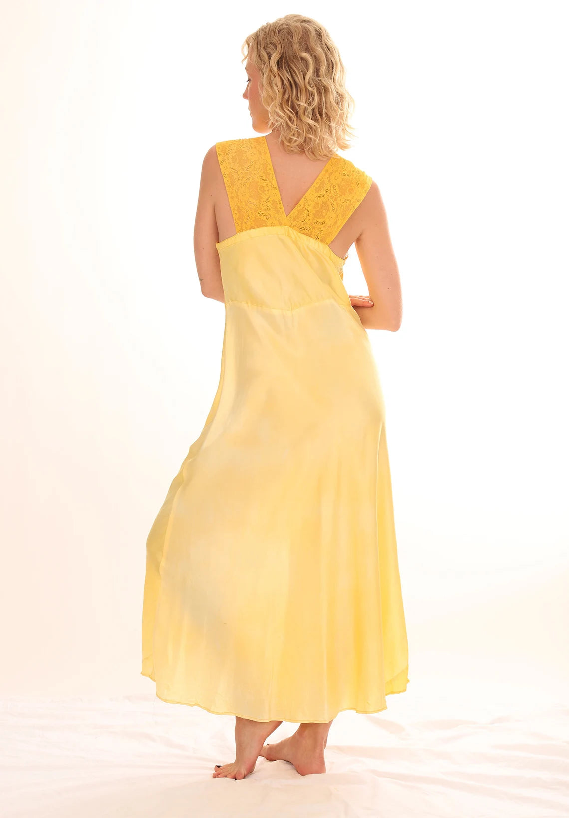 40s Silk Empire Waist Golden Yellow Lace Slip Dress