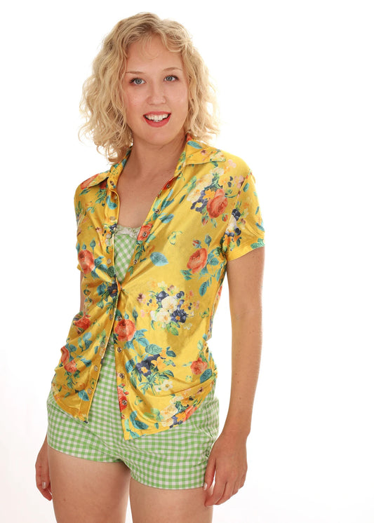 60s Yellow Floral Shimmery Blouse