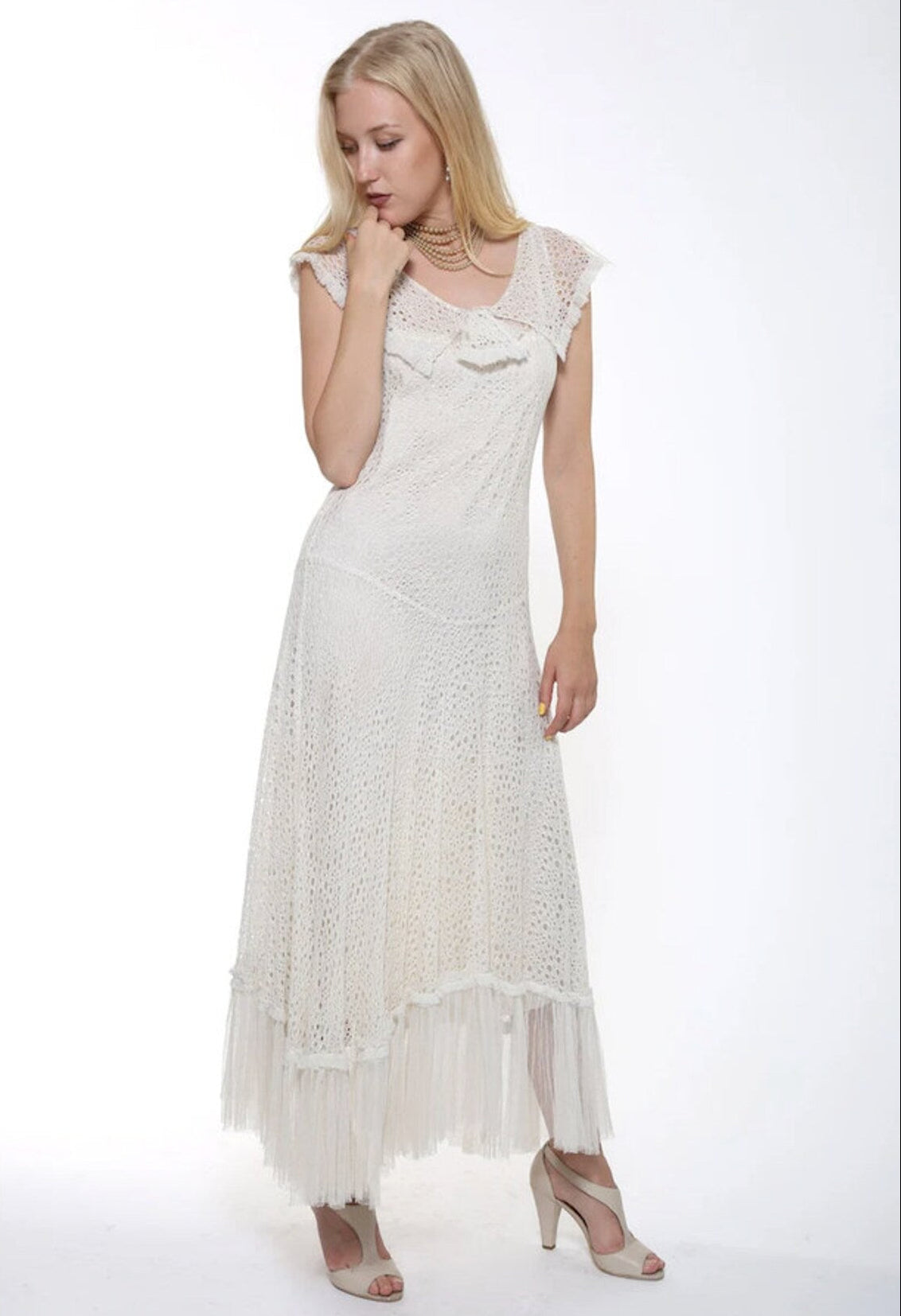 20s Ivory Eyelet Flapper Wedding Dress Antique Drop Waist Gown