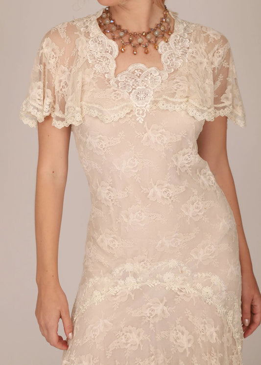 Vintage 1930s Lace Drop Waist Maxi Goddess Wedding Dress with Flutter Sleeves