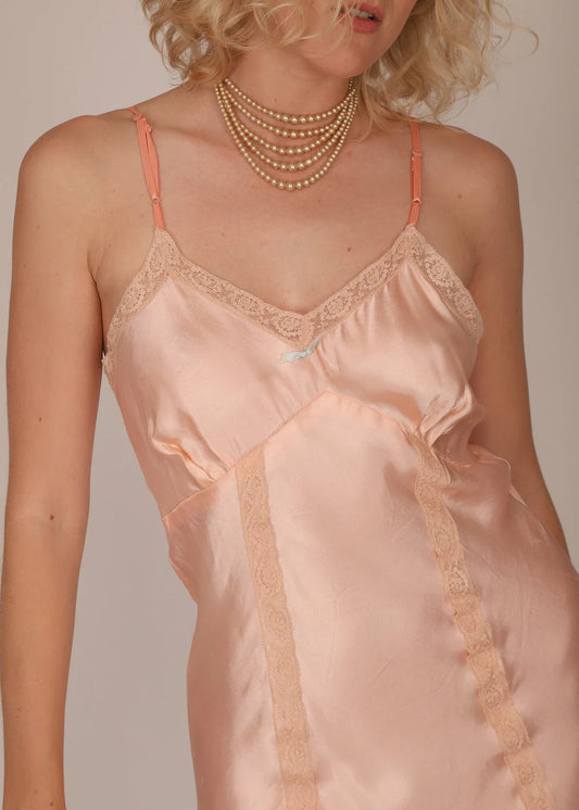 Vintage 1930s Peach Silk Slip Lace Insets Bias Cut, New Straps