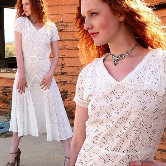 30s White Eyelet Lace Wedding Dress, Flapper Wedding Dress