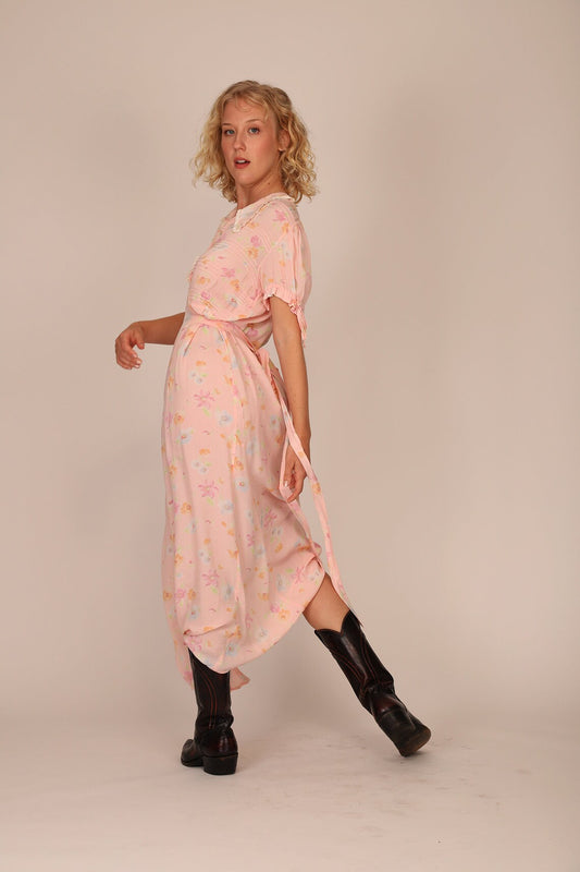 30s Pink Floral and Lace Maxi Slip Dress