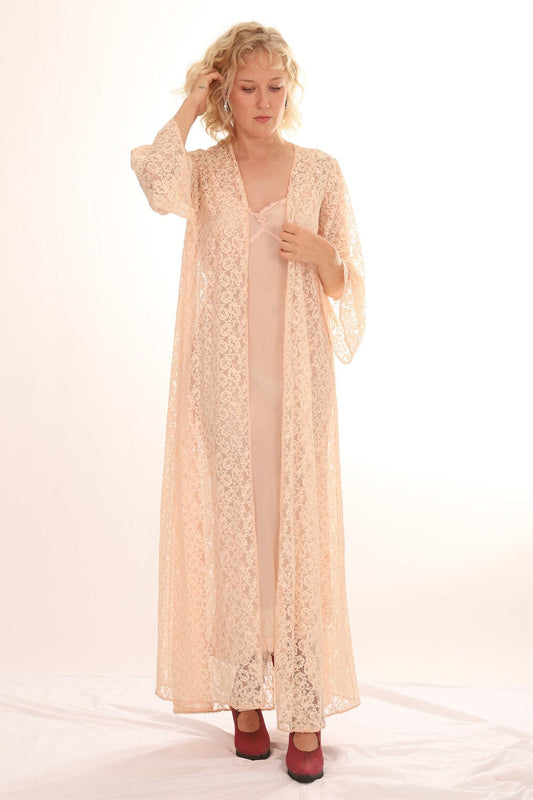 50s Peachy Pink Lace Bell Sleeve Maxi Duster Robe