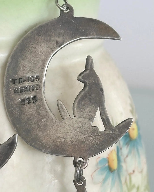 70s Sterling Silver Howling Moon and Star Stamped Drop Earrings