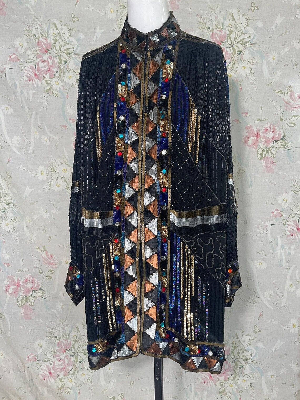80s Black Silver Gold Sequin Beaded Duster Jacket with Jewels