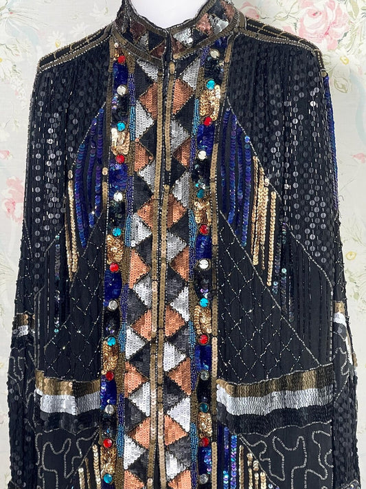 80s Black Silver Gold Sequin Beaded Duster Jacket with Jewels