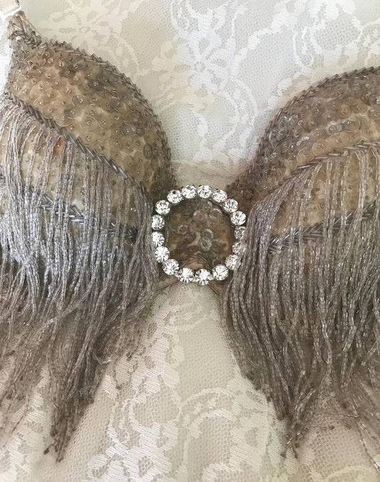 40s Silver Sequin Beaded Showgirl Fringe Costume Bra