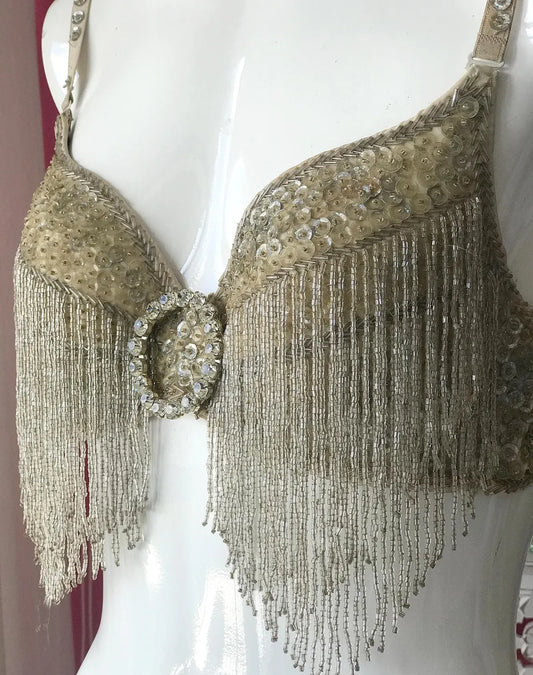 40s Silver Sequin Beaded Showgirl Fringe Costume Bra