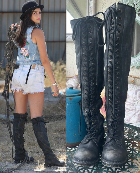 Vintage Rare Black Jeffrey Campbell Over The Knee Tie Up Boots Size 6