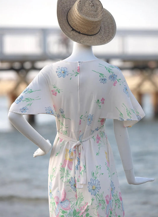 70s White Floral Bell Sleeve Maxi Dress