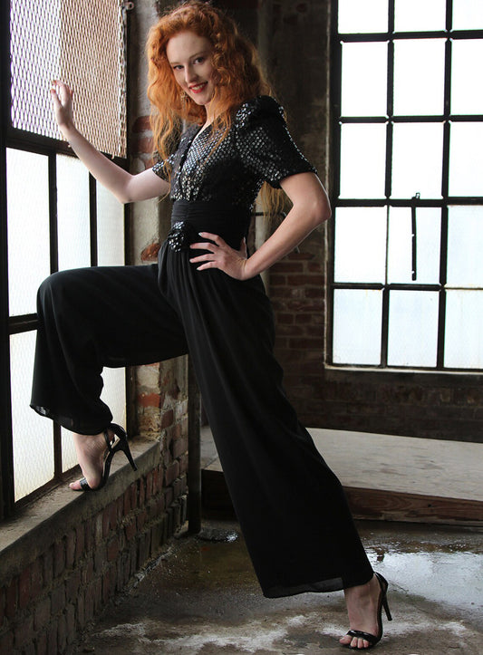 80s Black Sequin Empire Waist Jumpsuit
