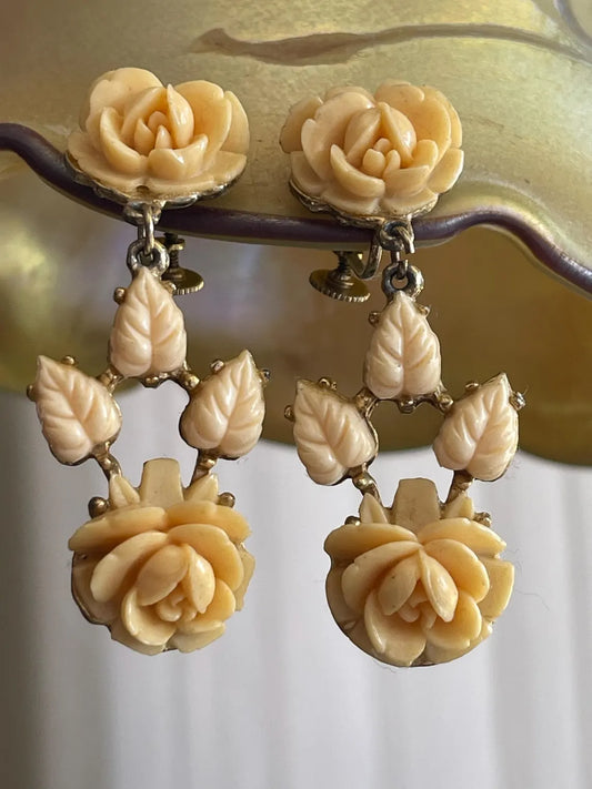 50s Ivory Color Rose Dangle Screw On Earrings