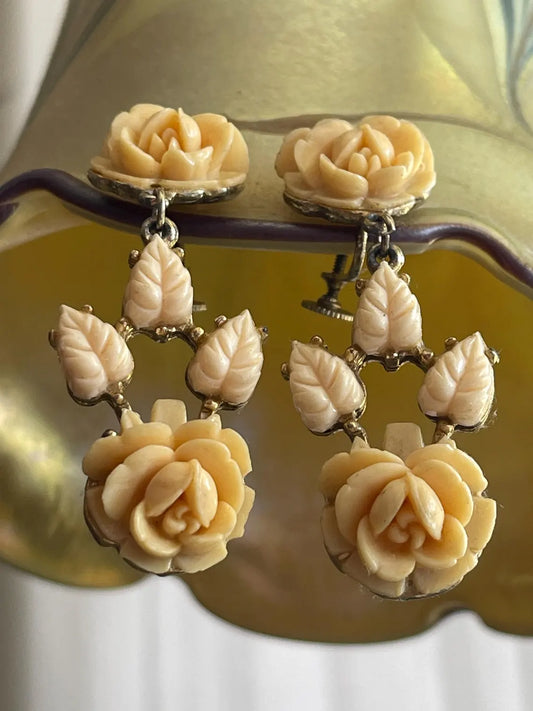 50s Ivory Color Rose Dangle Screw On Earrings