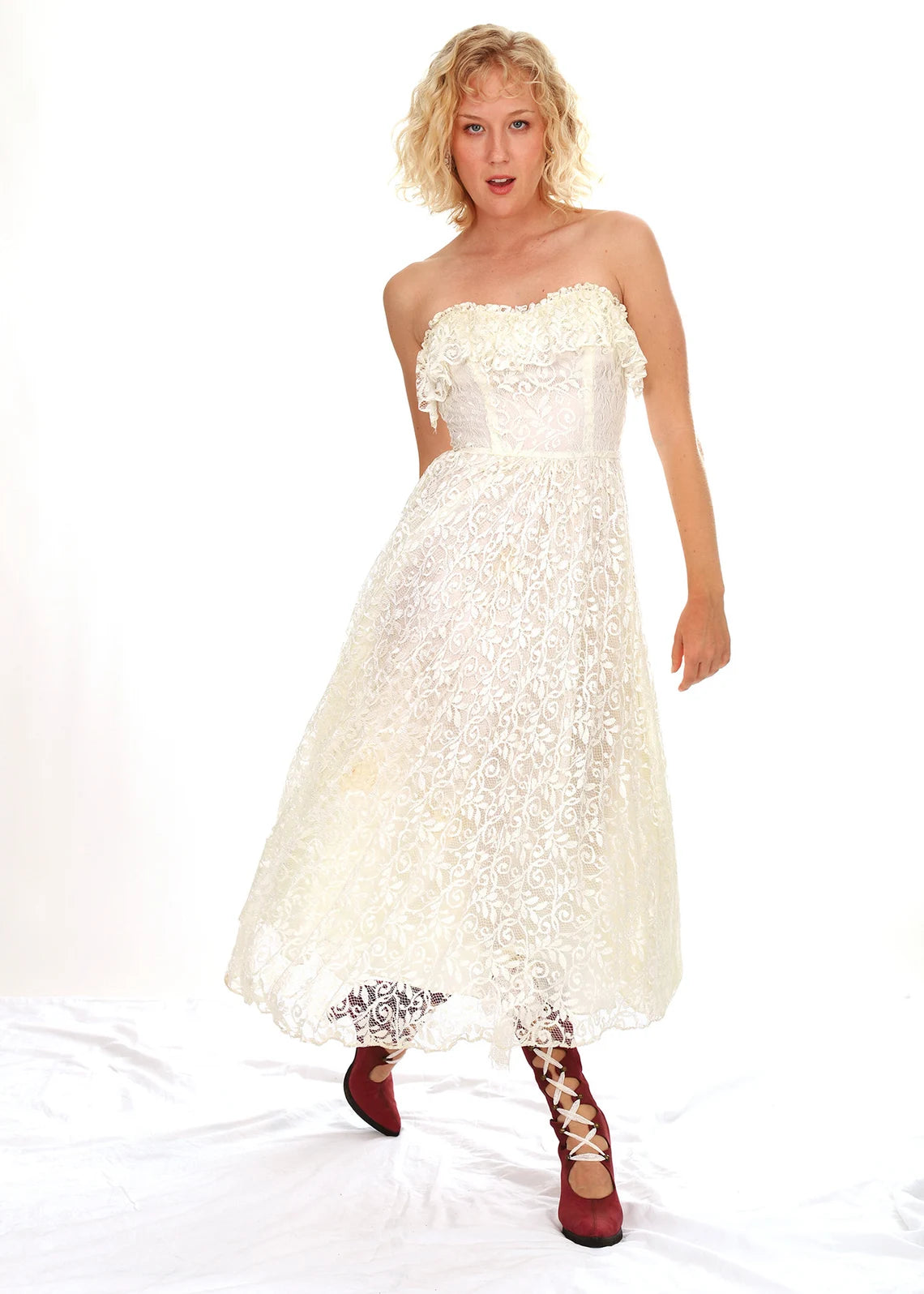 70s White Lace Strapless Ruffle Dress, White Lace Wedding Dress