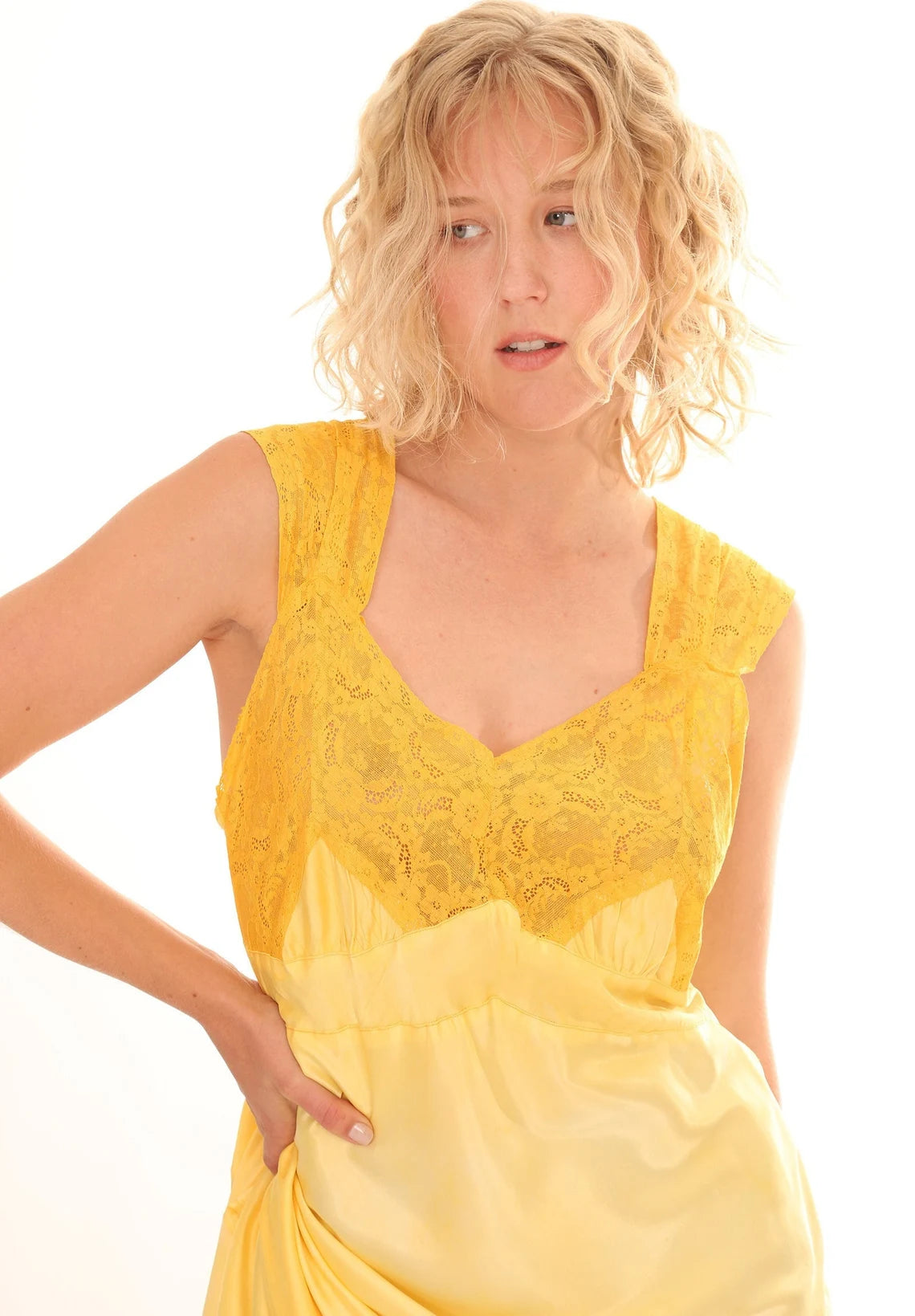 40s Silk Empire Waist Golden Yellow Lace Slip Dress