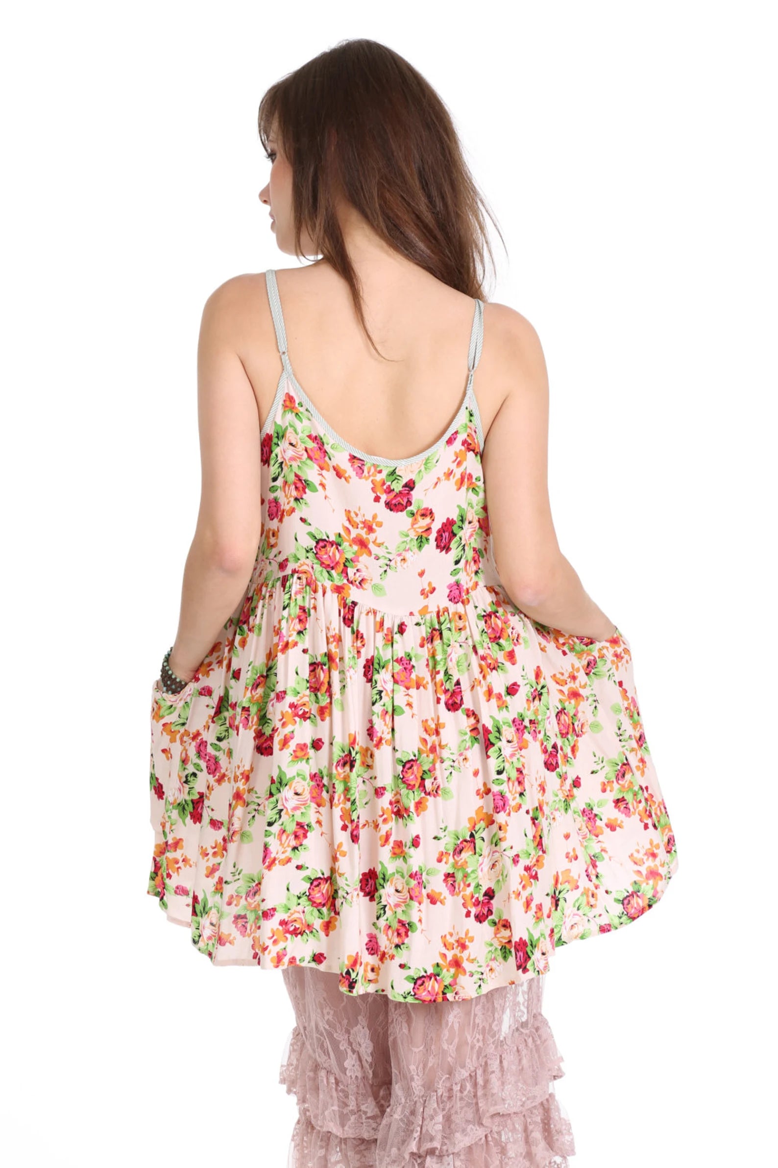 Pink Floral Babydoll Slip Dress with Pockets and Adjustable Straps