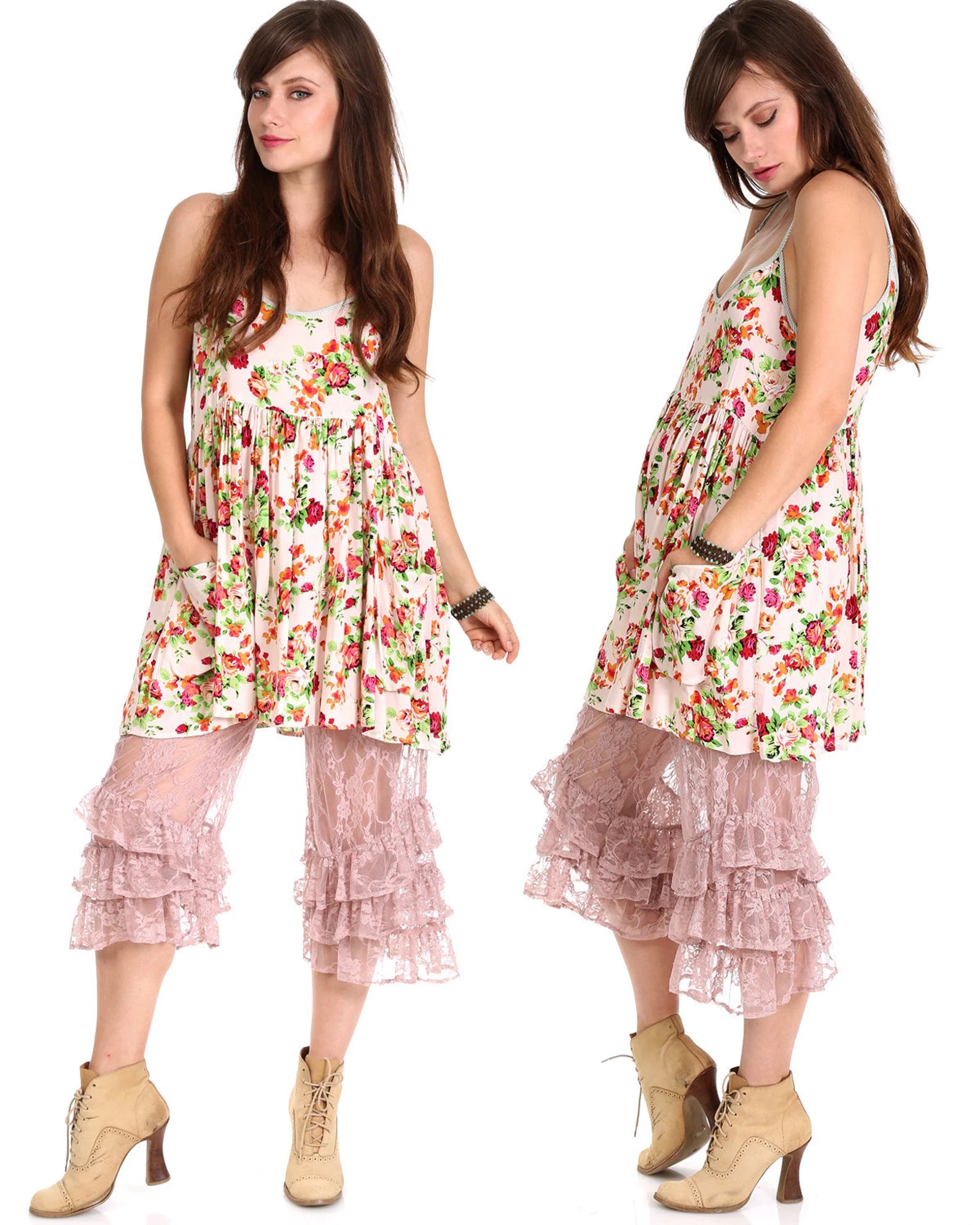 Pink Floral Babydoll Slip Dress with Pockets and Adjustable Straps