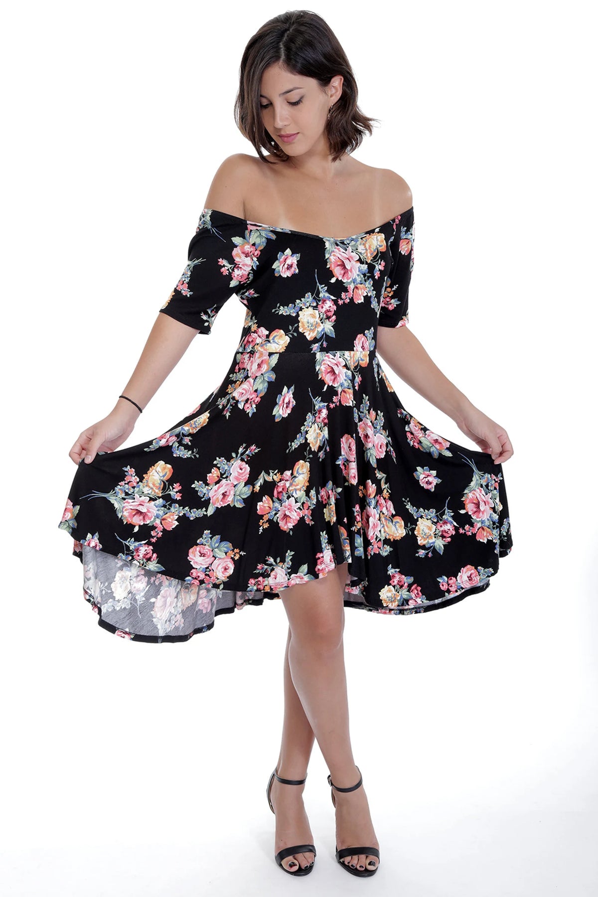 Black and Pink Floral Flare Fit and Flare Dress with Pockets