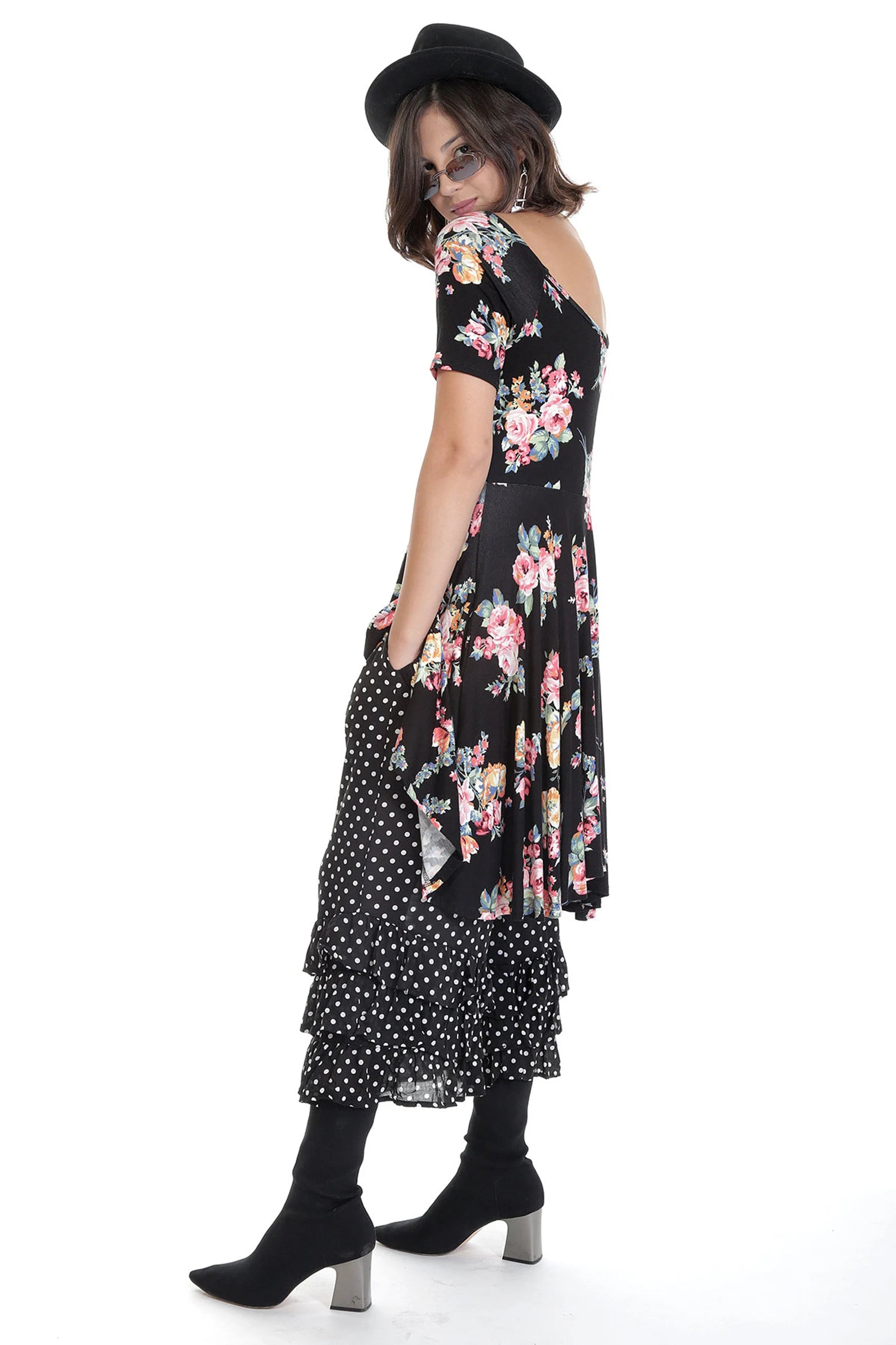 Black and Pink Floral Flare Fit and Flare Dress with Pockets