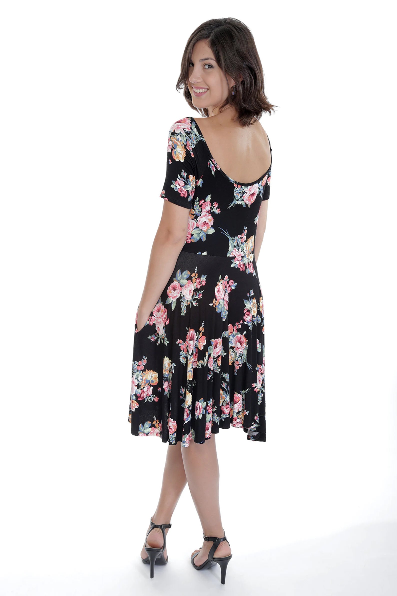 Black and Pink Floral Flare Fit and Flare Dress with Pockets