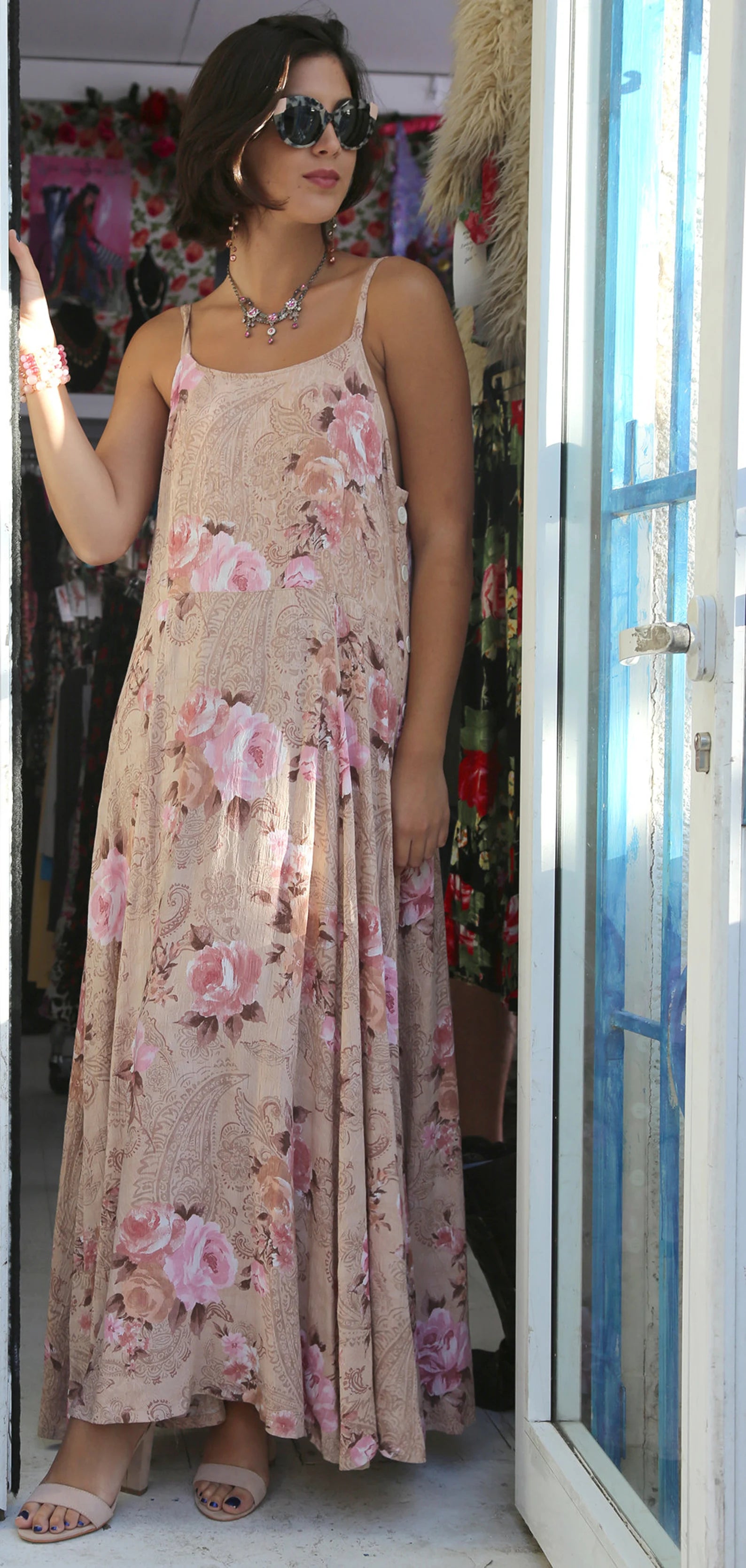 Pink Floral Maxi Dress/Button Down/Vintage inspired