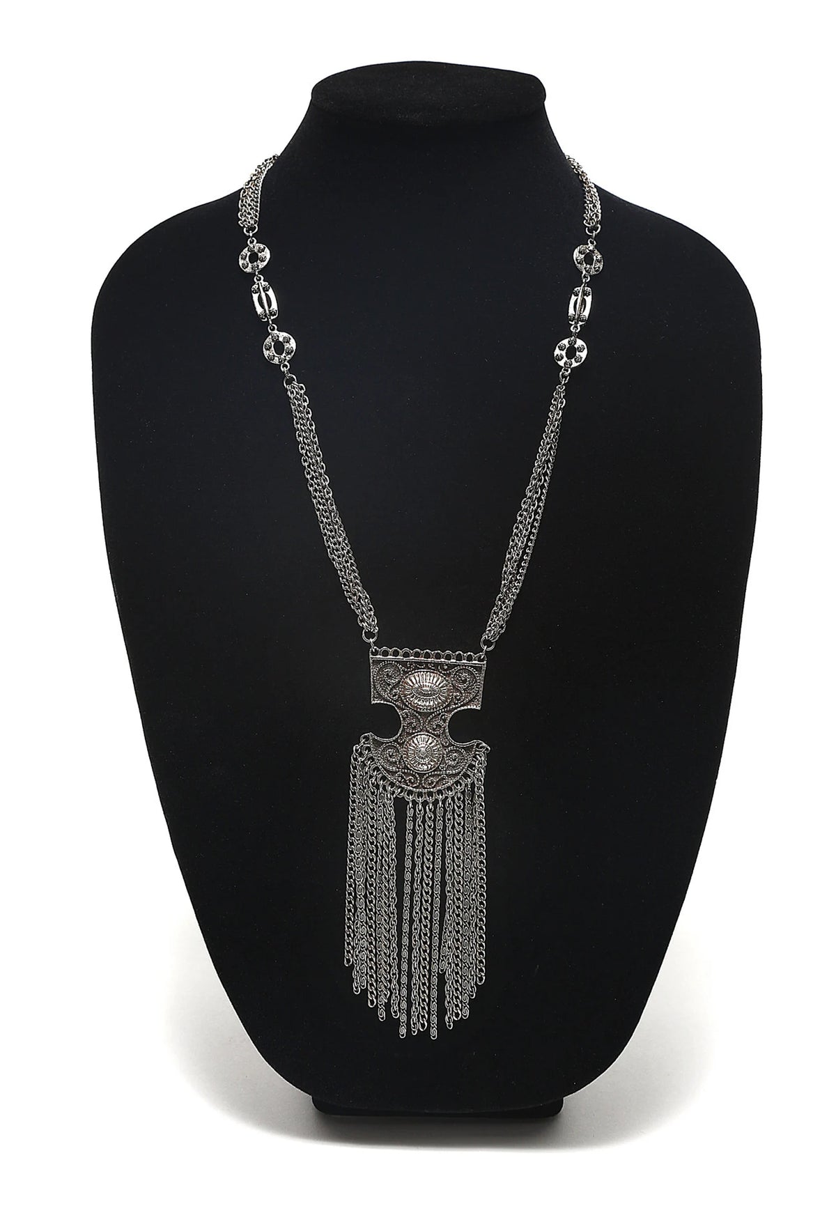 80s Long Silver Tone Fringe Pendant Necklace