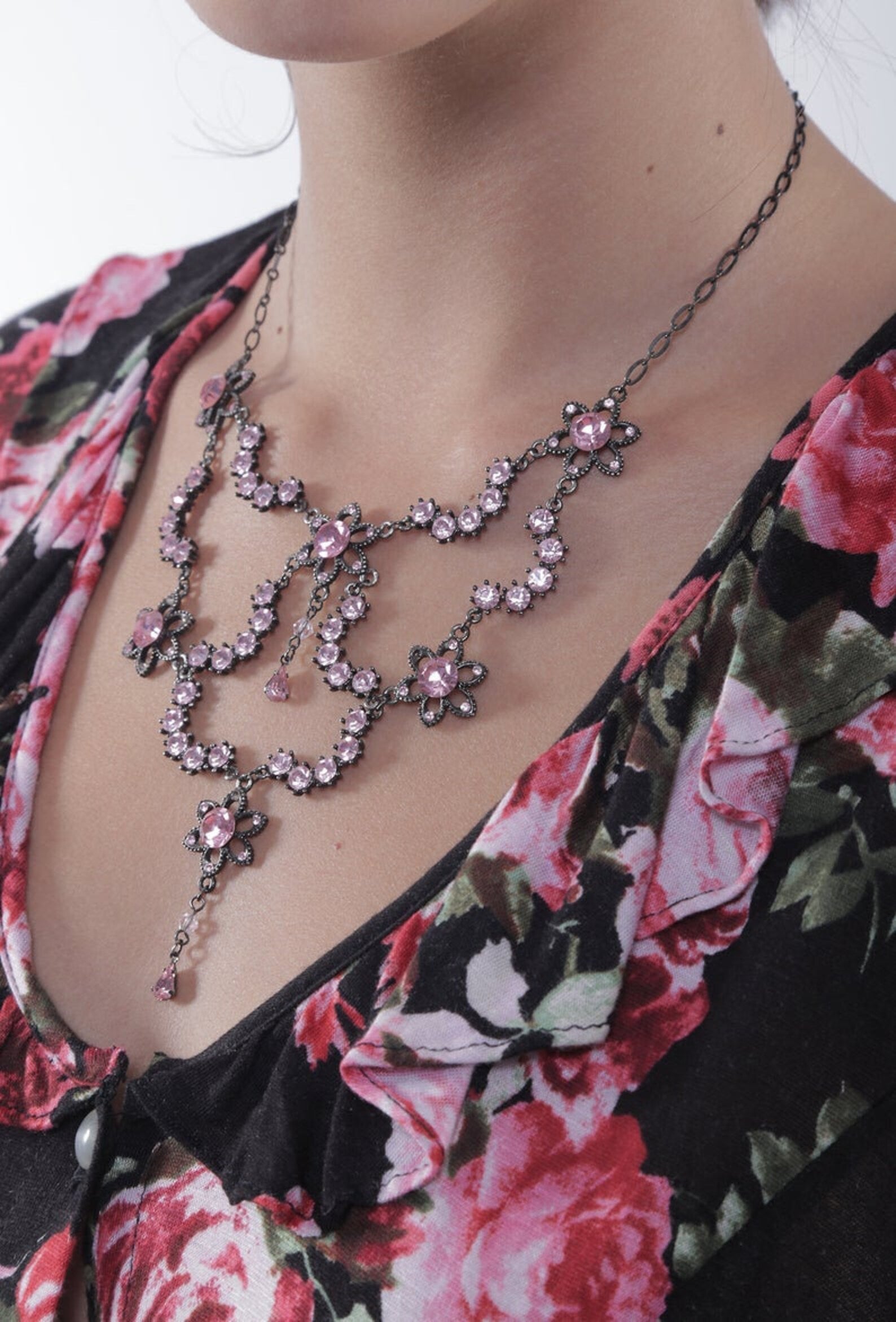 80s Pink Rhinestone Chandelier Necklace