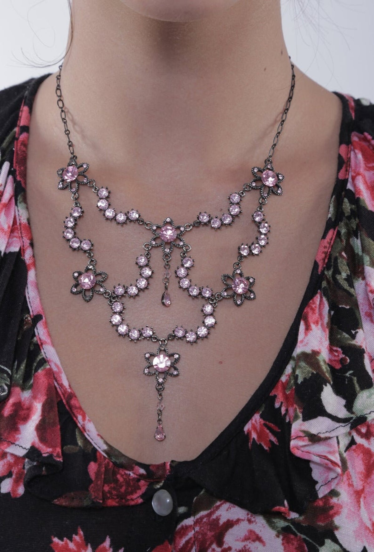 80s Pink Rhinestone Chandelier Necklace