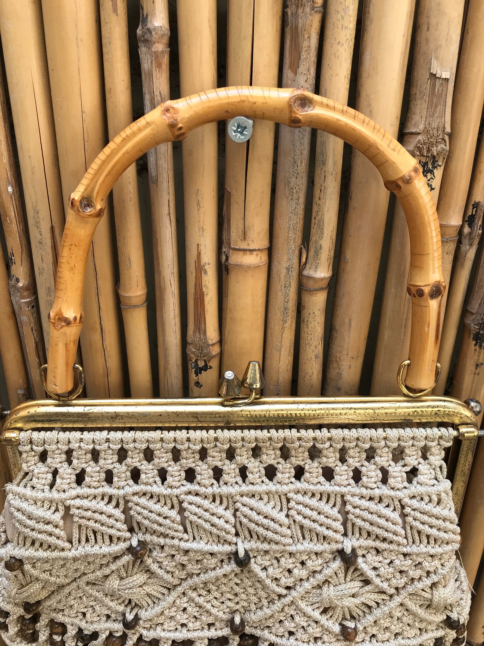 70s Macrame Beaded Handbag with Bamboo Handle