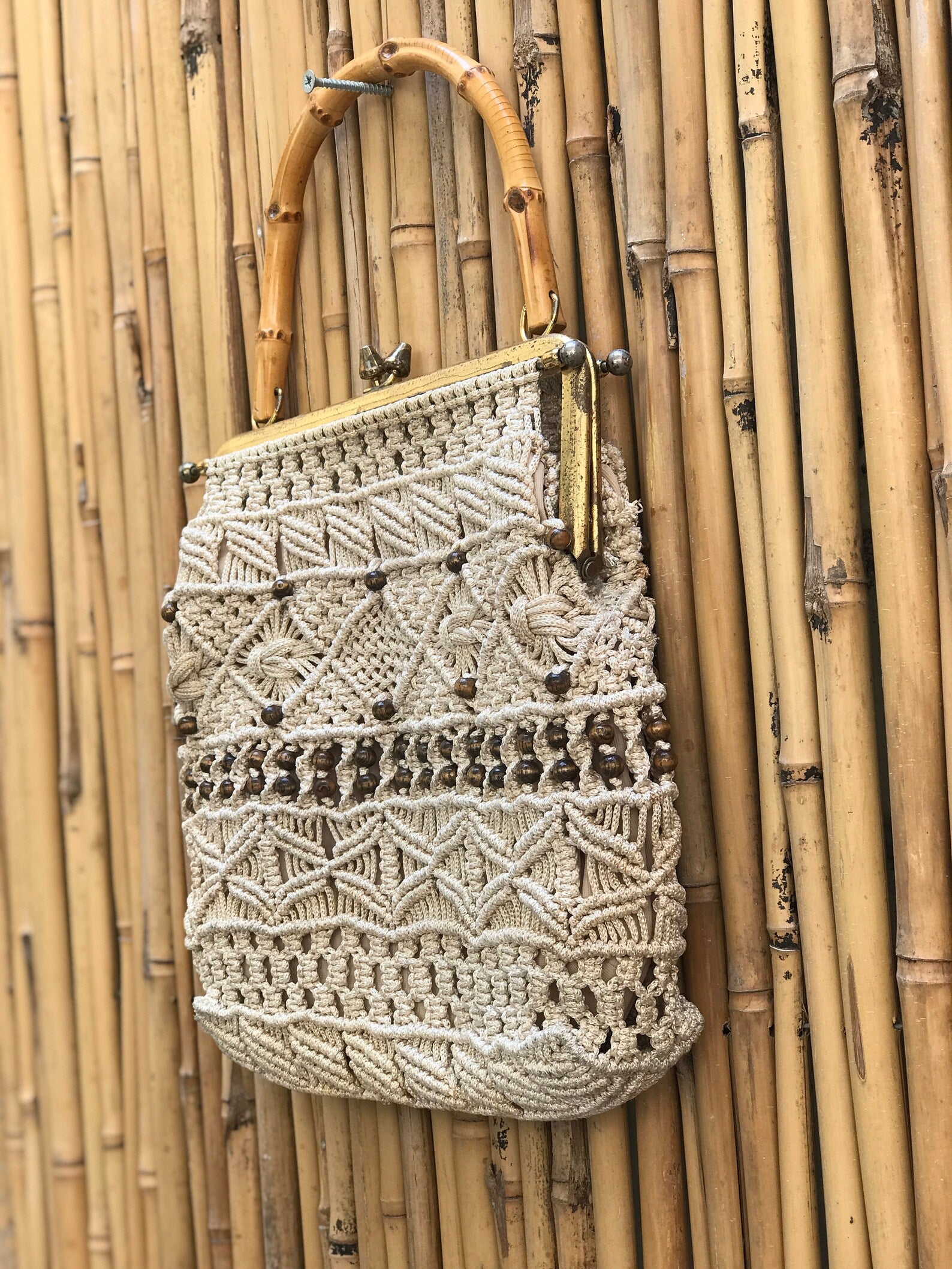 70s Macrame Beaded Handbag with Bamboo Handle