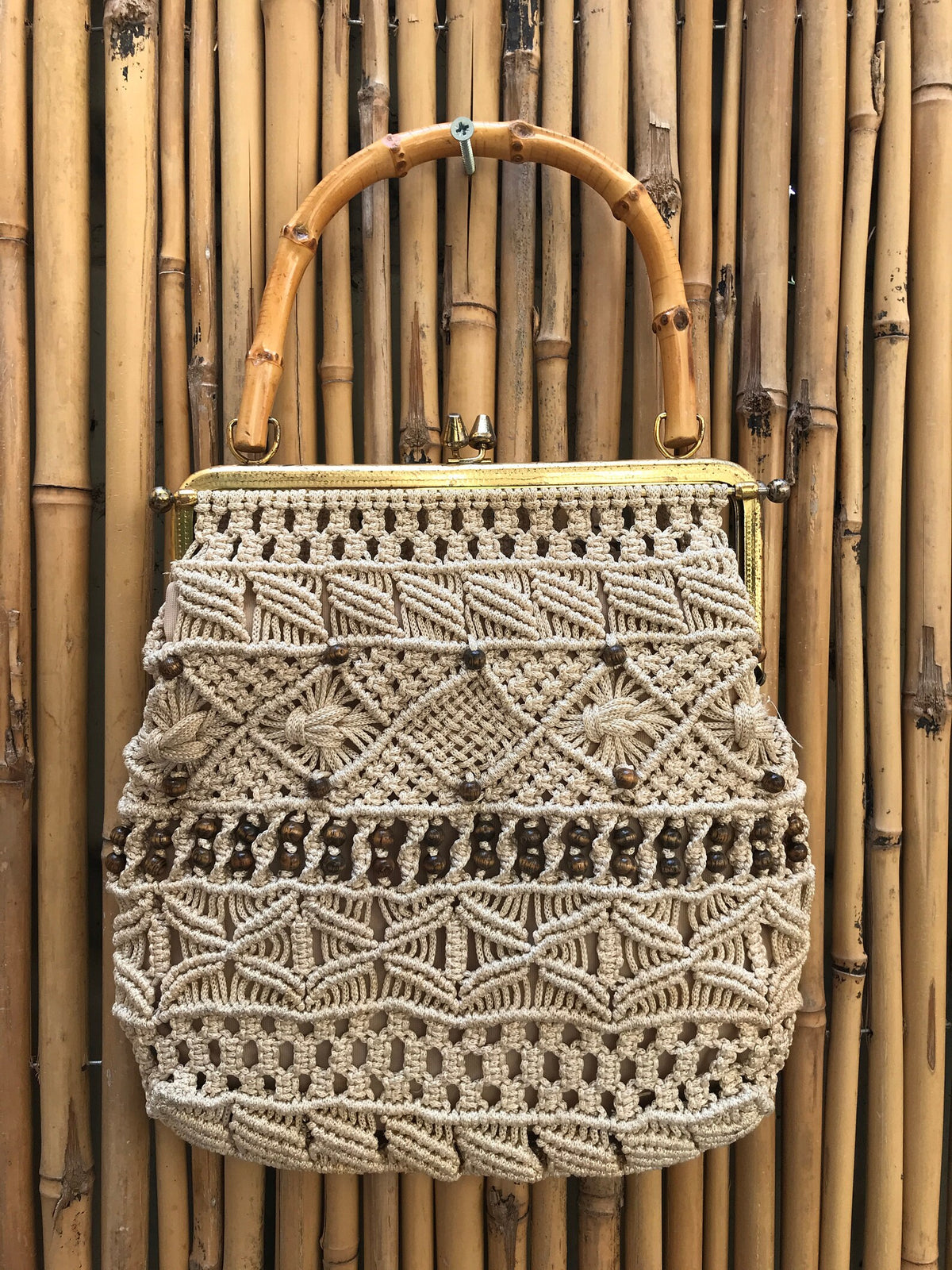 70s Macrame Beaded Handbag with Bamboo Handle