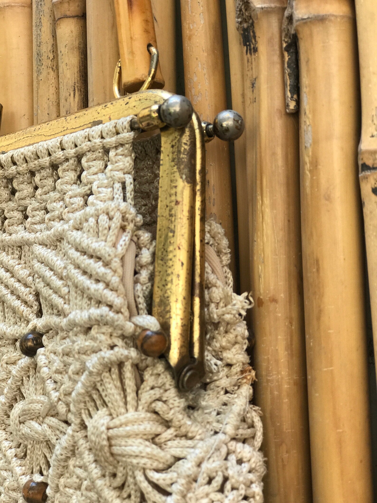 70s Macrame Beaded Handbag with Bamboo Handle