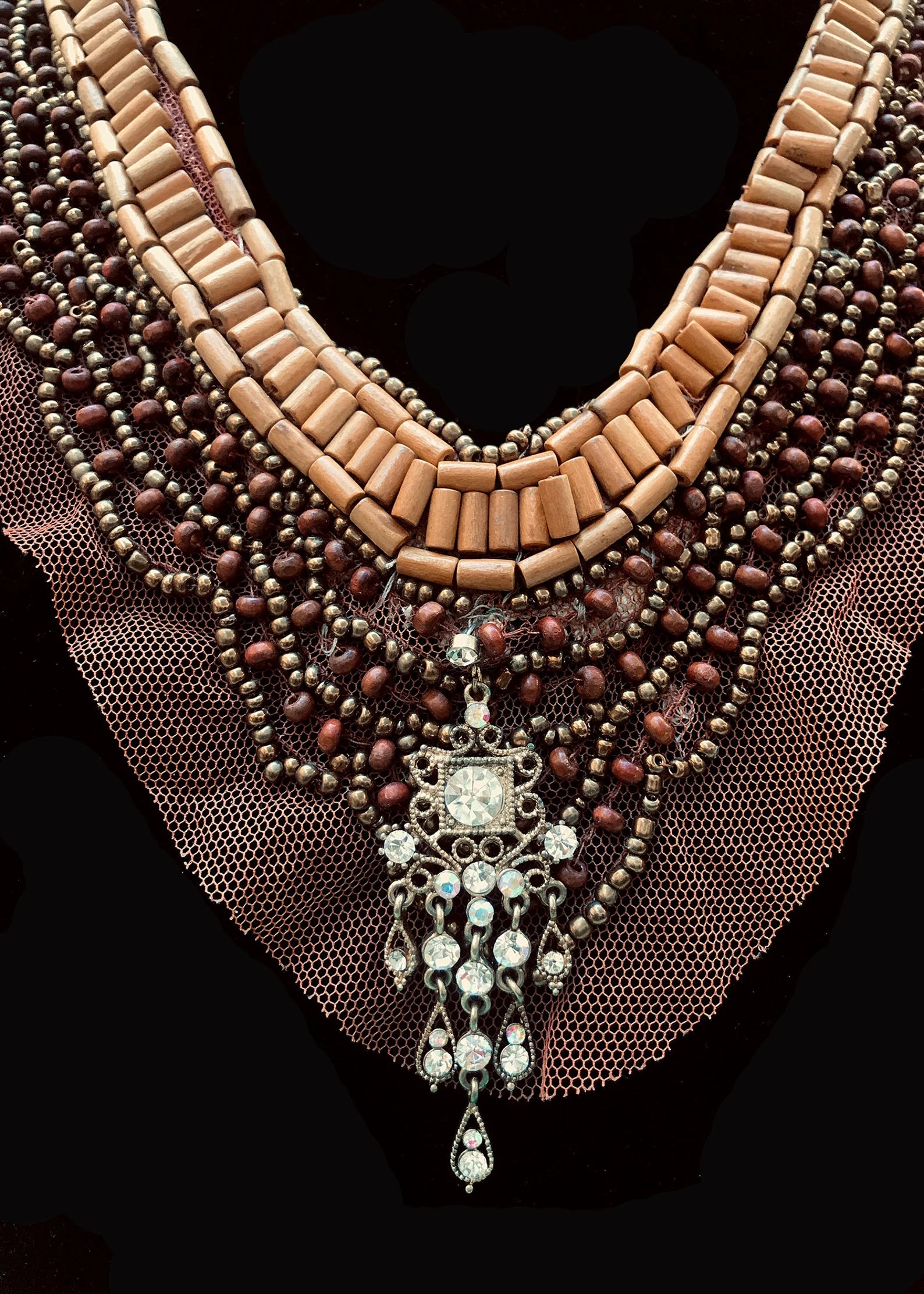 Brown Netted Lace Rhinestone Beaded Tie Back Necklace