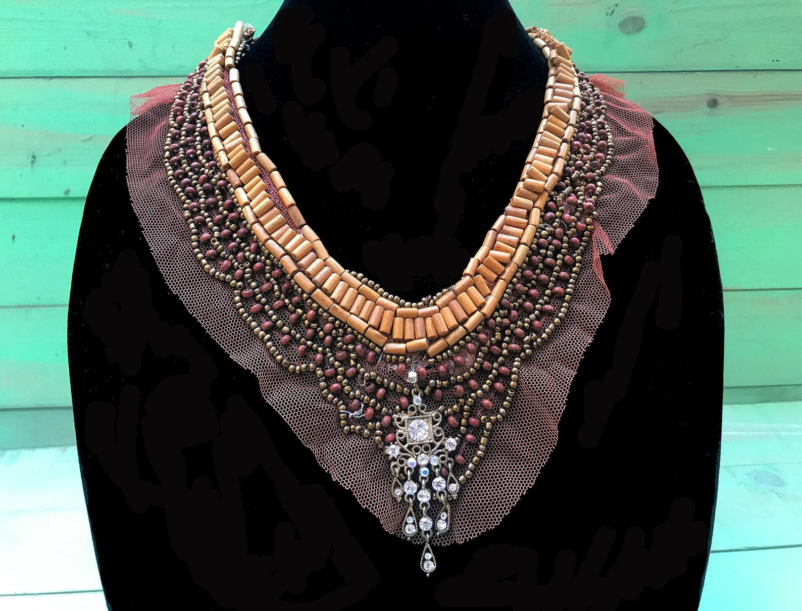 Brown Netted Lace Rhinestone Beaded Tie Back Necklace