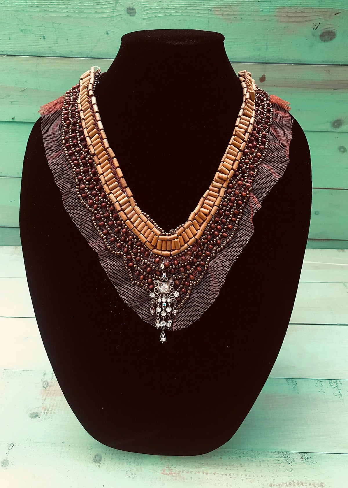 Brown Netted Lace Rhinestone Beaded Tie Back Necklace