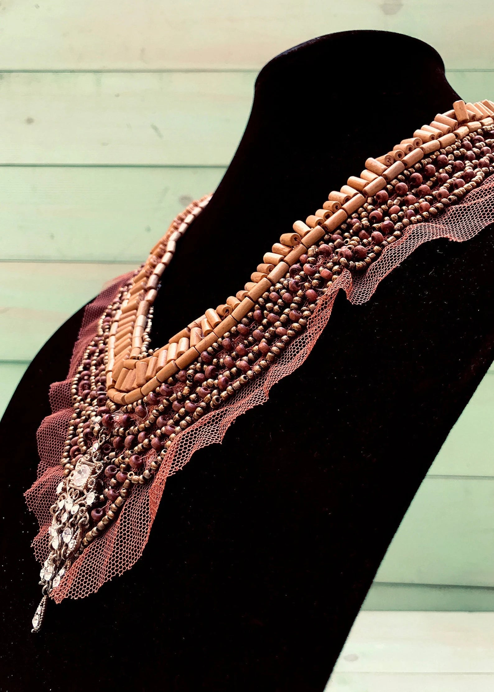 Brown Netted Lace Rhinestone Beaded Tie Back Necklace