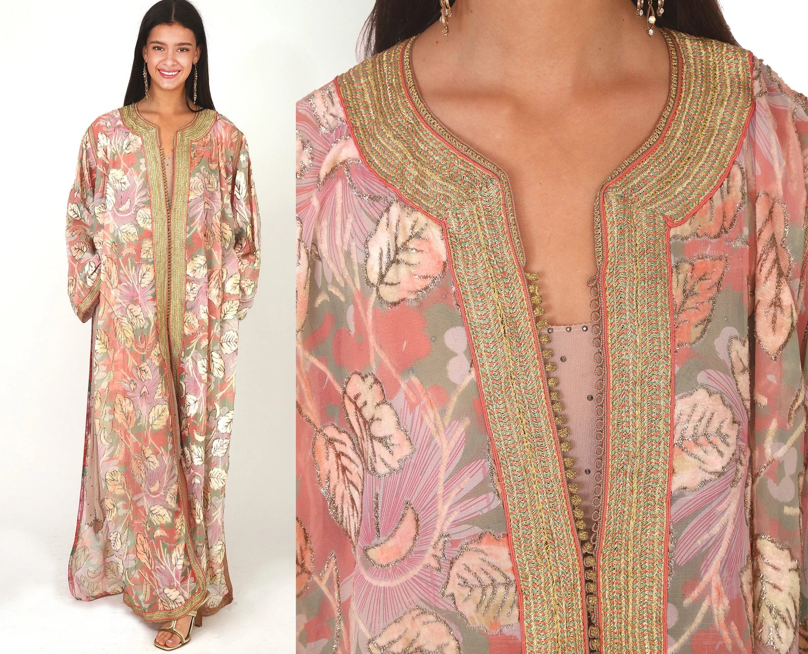 40s Peach and Gold Metallic Chiffon Caftan