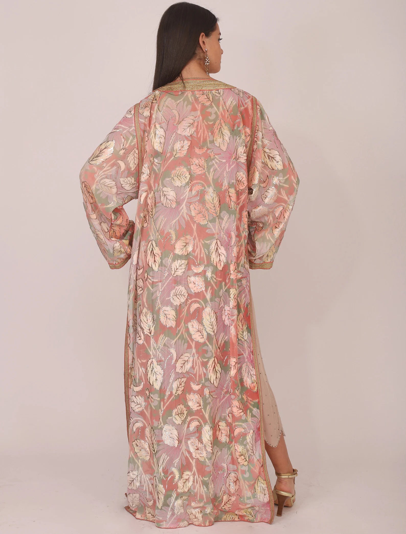 40s Peach and Gold Metallic Chiffon Caftan